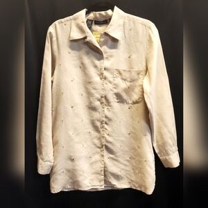 Rori Ann - Tan linen L/S buttondown with tan floral embroidery.
